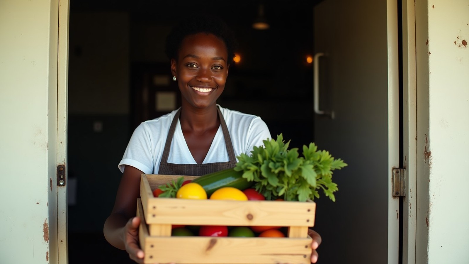 Cuisinière recevant une cagette de fruits et légumes de son fournisseur