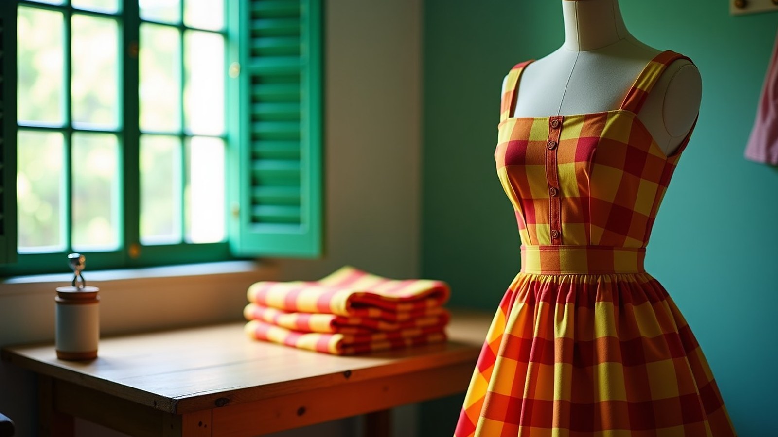 Atelier de couture, robe en madras sur un mannequin près d'une fenêtre à persiennes
