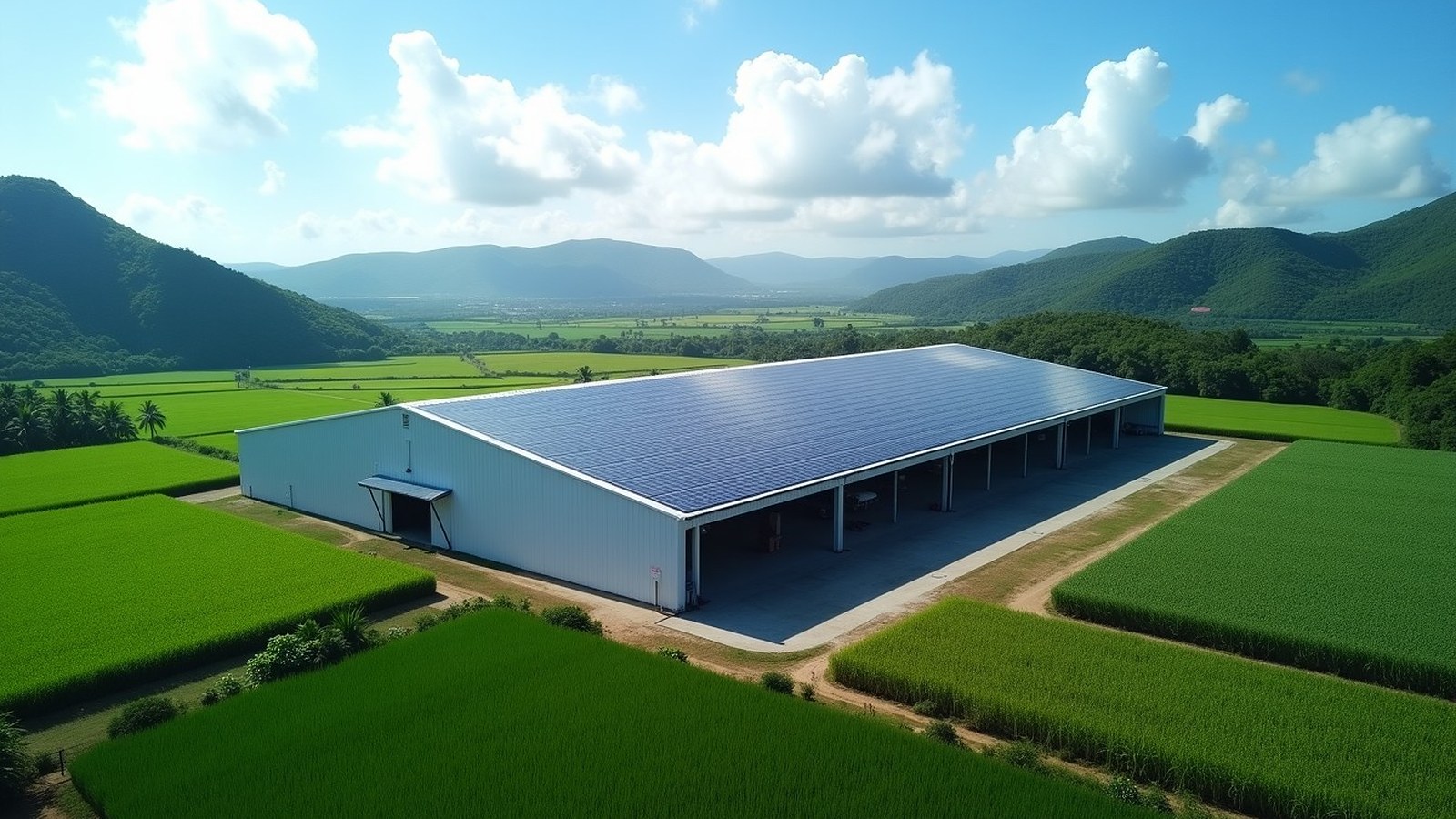 Hangar couvert de panneaux solaires au milieu des champs de canne, mornes au loin