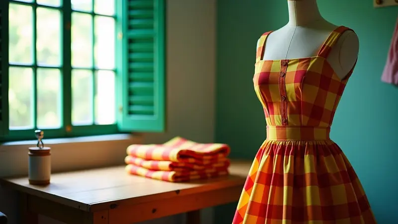 Atelier de couture, robe en madras sur un mannequin près d'une fenêtre à persiennes