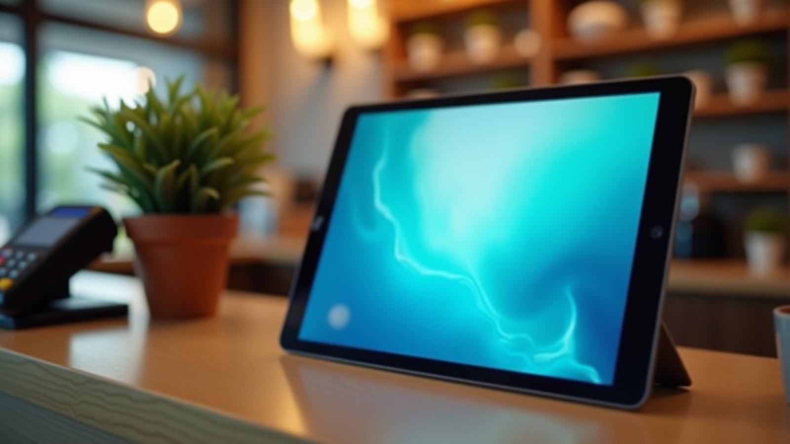 Tablette posée sur le comptoir d'un commerce, près du terminal de paiement