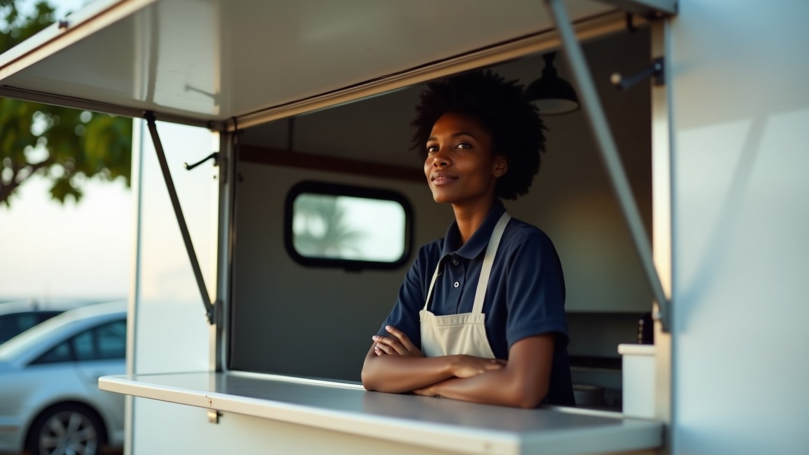 Créatrice d'entreprise à la fenêtre de son food truck en bord de mer