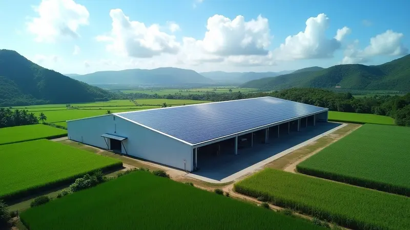 Hangar couvert de panneaux solaires au milieu des champs de canne, mornes au loin